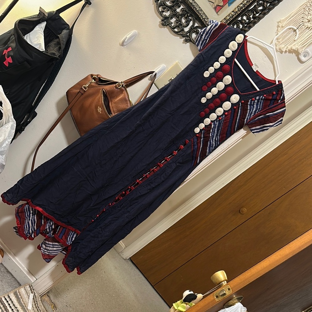 Navy and Red Striped Maxi Dress with Button Details